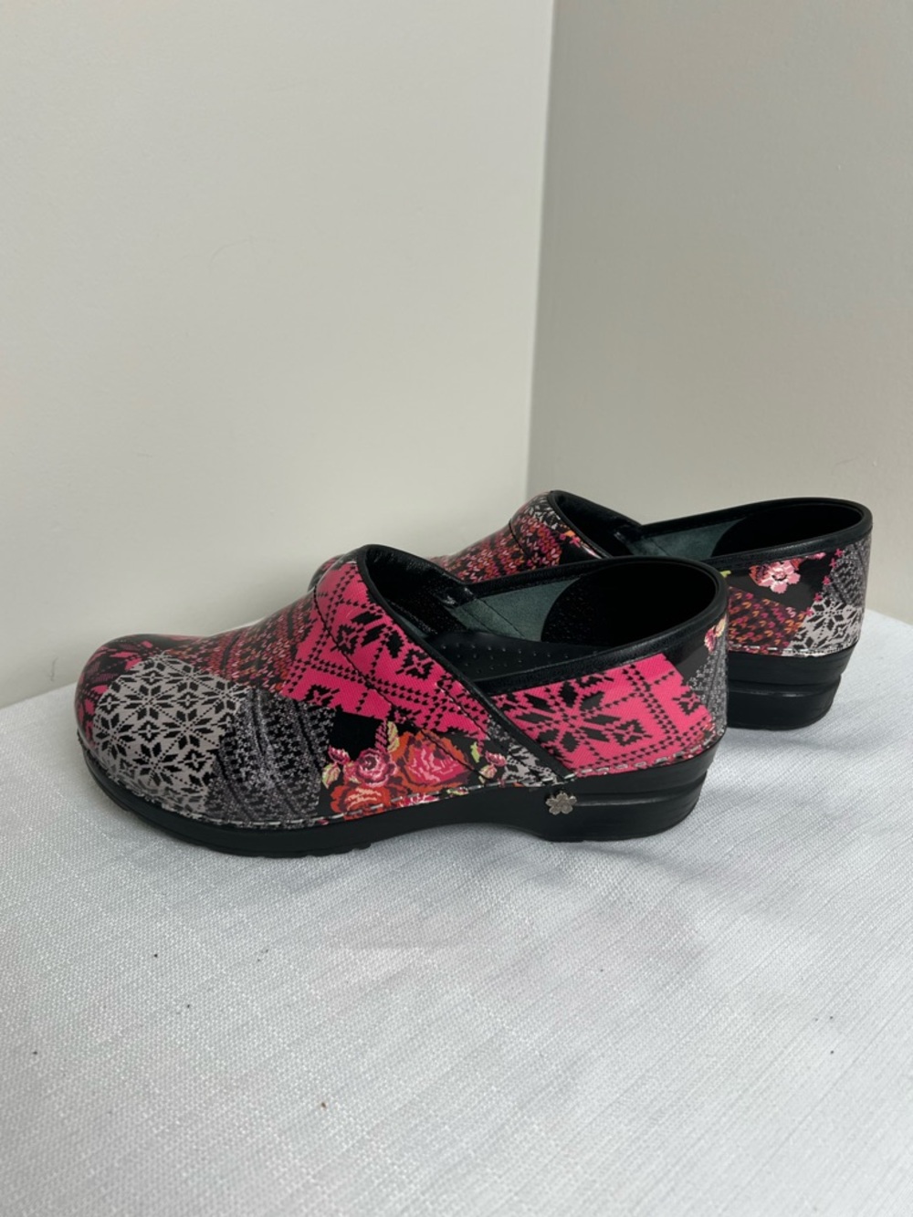 Sanita Pink and Black Patterned Slip-On Danish Clogs